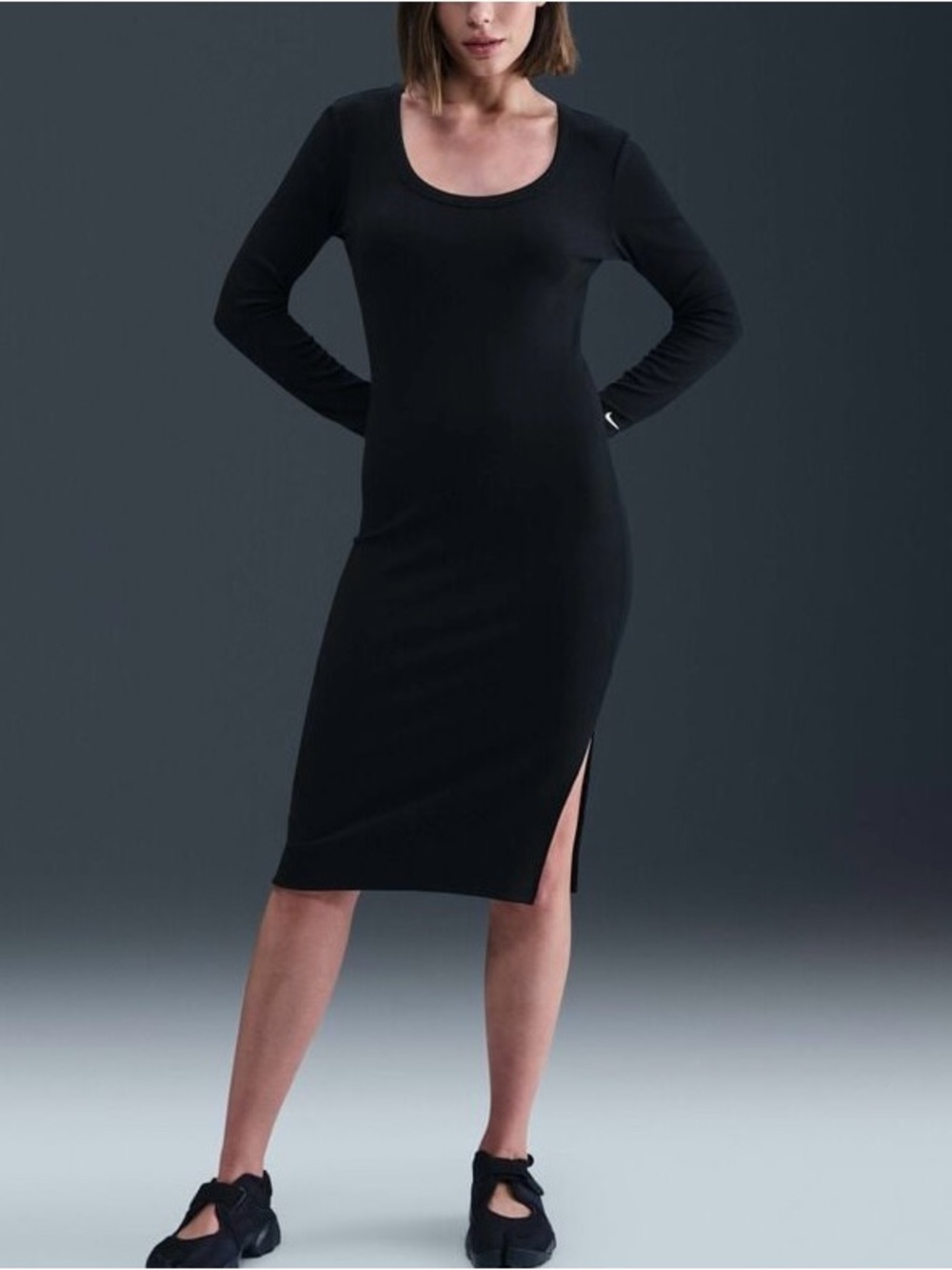 NWT Nike Sportswear Chill Knit Women's Tight LS Midi Mini-Rib Dress Small Black